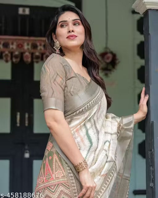 Premium Pure Linen Cotton Saree – Ivory Cream & Olive Grey Minimalist Chevron Pattern Saree with Blouse Piece