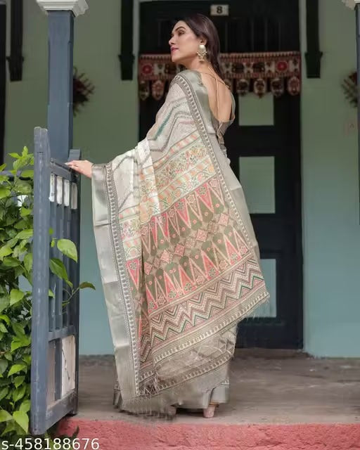 Premium Pure Linen Cotton Saree – Ivory Cream & Olive Grey Minimalist Chevron Pattern Saree with Blouse Piece
