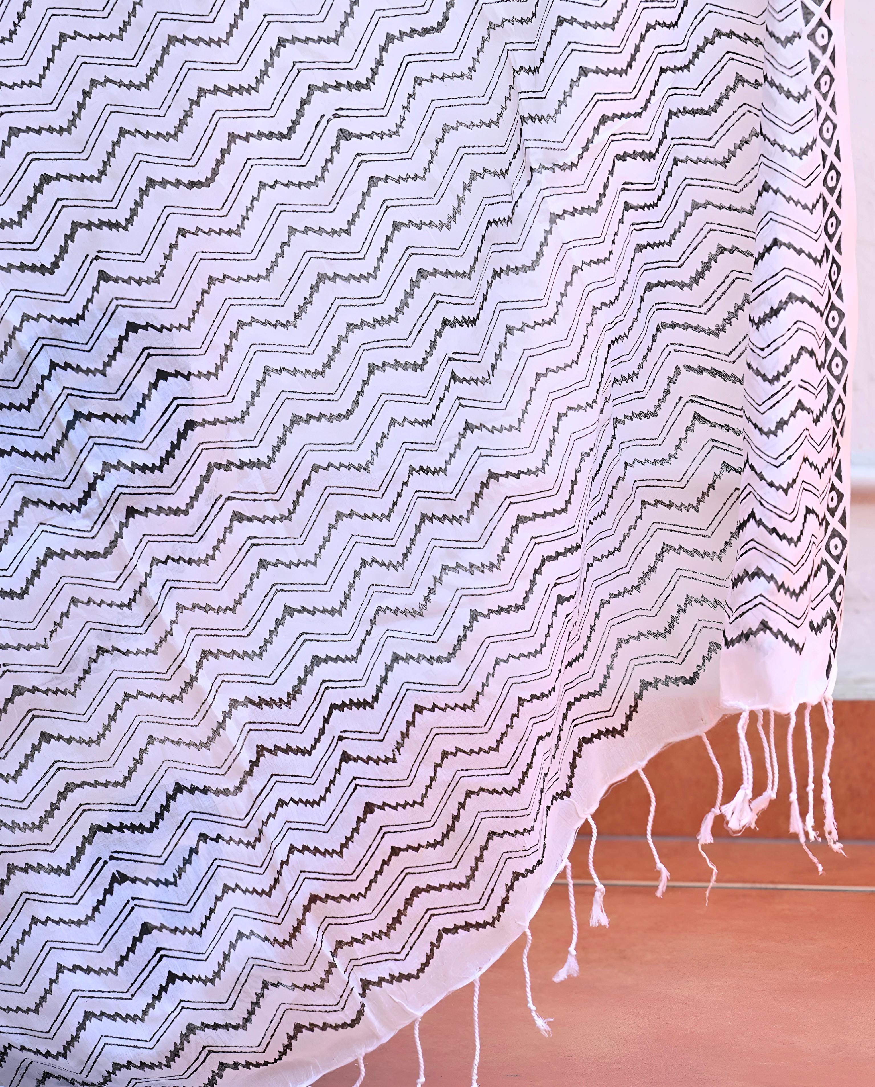 Women's Premium Pure Linen Cotton Saree | Quirky Evil Eye Block Printed Casual Sari with Chevron Geometric Pallu & Unstitched Blouse Piece | Luxury Lightweight Summer & Daily Wear (Pristine White & Indigo Blue)