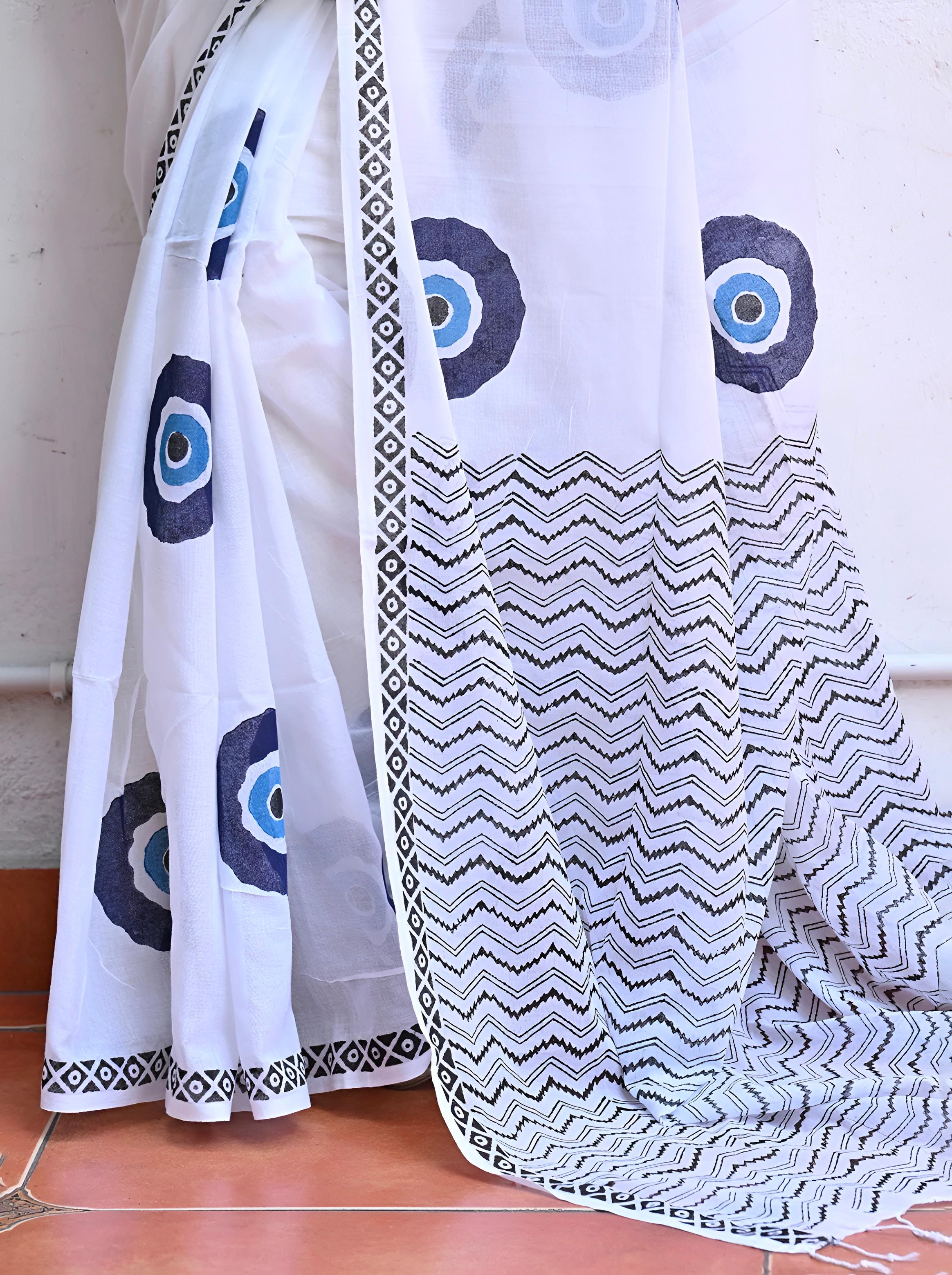 Women's Premium Pure Linen Cotton Saree | Quirky Evil Eye Block Printed Casual Sari with Chevron Geometric Pallu & Unstitched Blouse Piece | Luxury Lightweight Summer & Daily Wear (Pristine White & Indigo Blue)