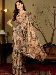 Premium Pure Linen Cotton Saree – Earthy Abstract Foliage Digital Print Casual Festive Saree with Blouse Piece