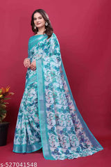 Premium Pure Linen Cotton Saree – Seafoam Aqua & Turquoise Watercolor Floral Digital Print Saree with Blouse Piece