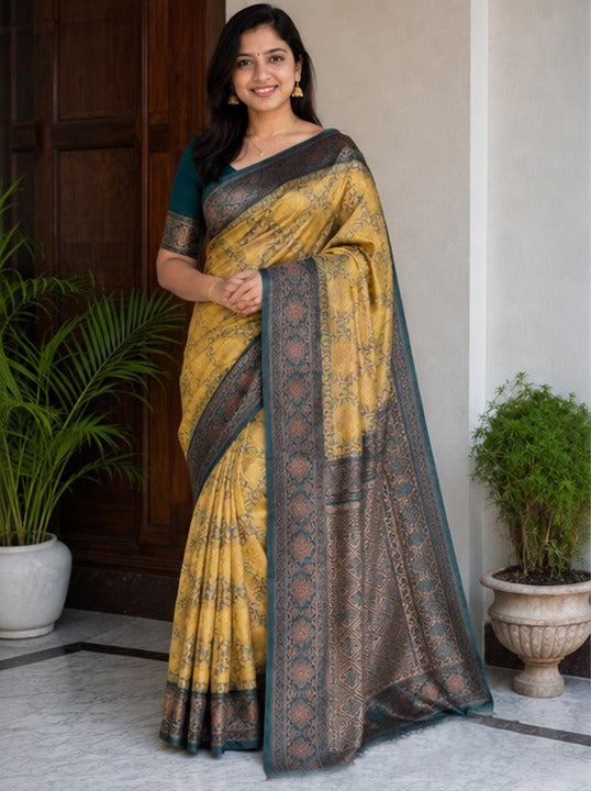 Vintage Mustard Gold & Teal Grey Jacquard Silk Saree – Antique Floral Zari Border Traditional Saree with Blouse Piece