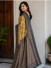 Vintage Mustard Gold & Teal Grey Jacquard Silk Saree – Antique Floral Zari Border Traditional Saree with Blouse Piece