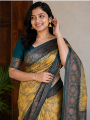 Vintage Mustard Gold & Teal Grey Jacquard Silk Saree – Antique Floral Zari Border Traditional Saree with Blouse Piece