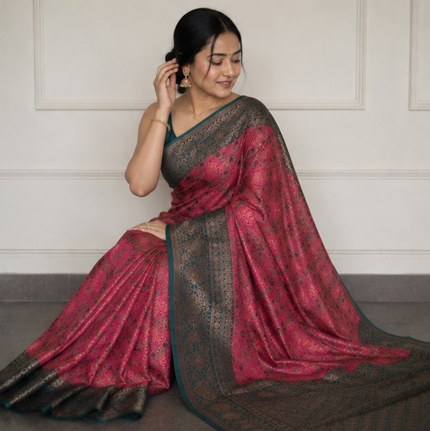 Heritage Deep Pink & Dark Teal Jacquard Silk Saree – Antique Zari Geometric Pallu Traditional Saree with Blouse Piece
