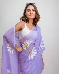 Women's Cotton Linen Blend Saree | Elegant Lavender Floral Daisy Hand-Painted Style Casual & Festive Sari with Unstitched Blouse Piece | Lightweight Party & Daily Wear (Light Purple)