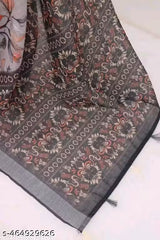 Premium Pure Linen Cotton Saree – Elegant Charcoal Grey & Blush Pink Retro Floral Digital Print Saree with Blouse Piece