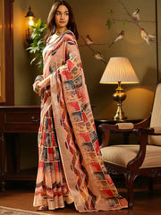 Premium Pure Linen Cotton Saree – Peach & Multi-Color Geometric Chevron & Tree Motif Digital Print Saree with Blouse Piece