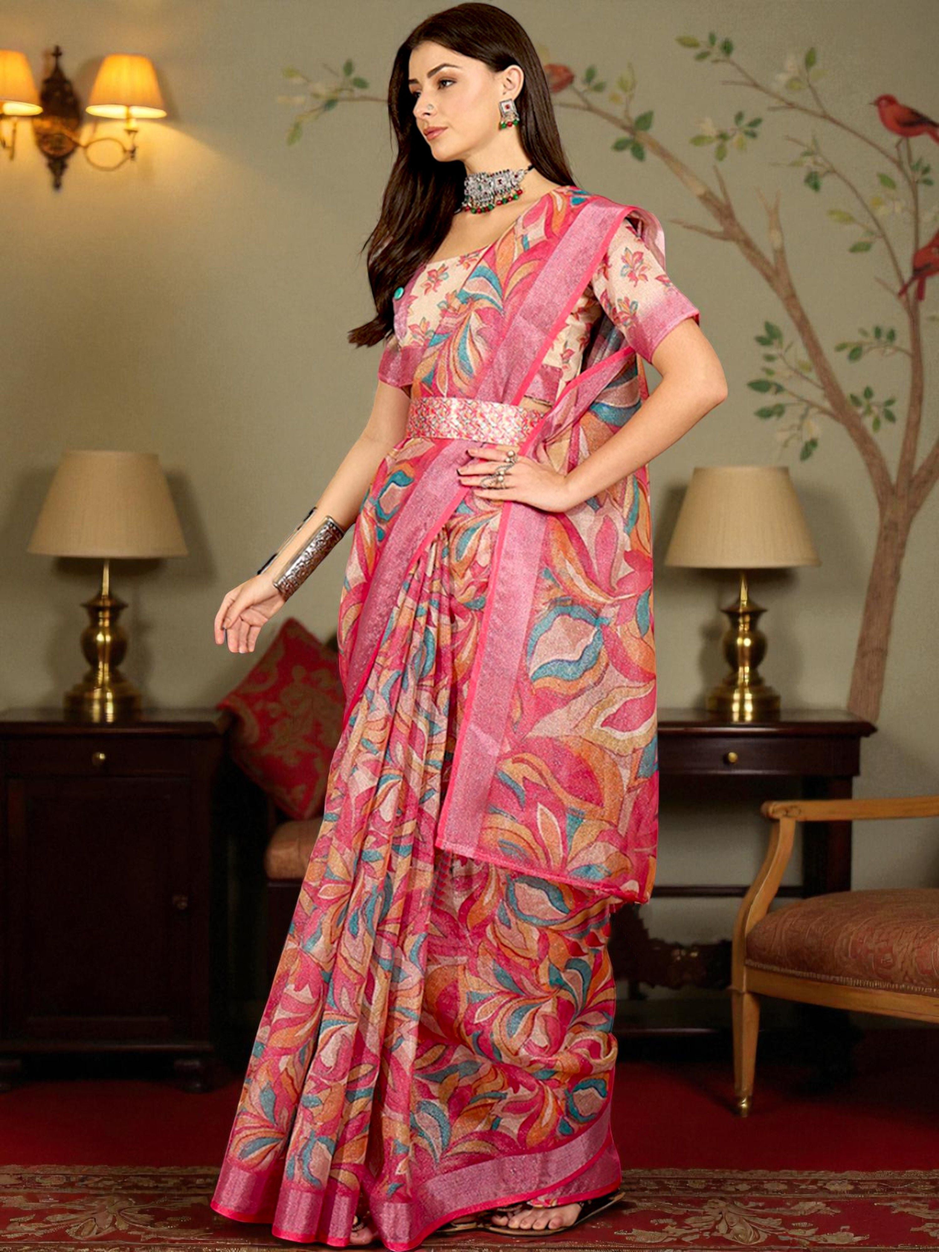 Premium Pure Linen Cotton Saree – Vibrant Candy Pink & Multi-Color Abstract Foliage Digital Print Saree with Blouse Piece