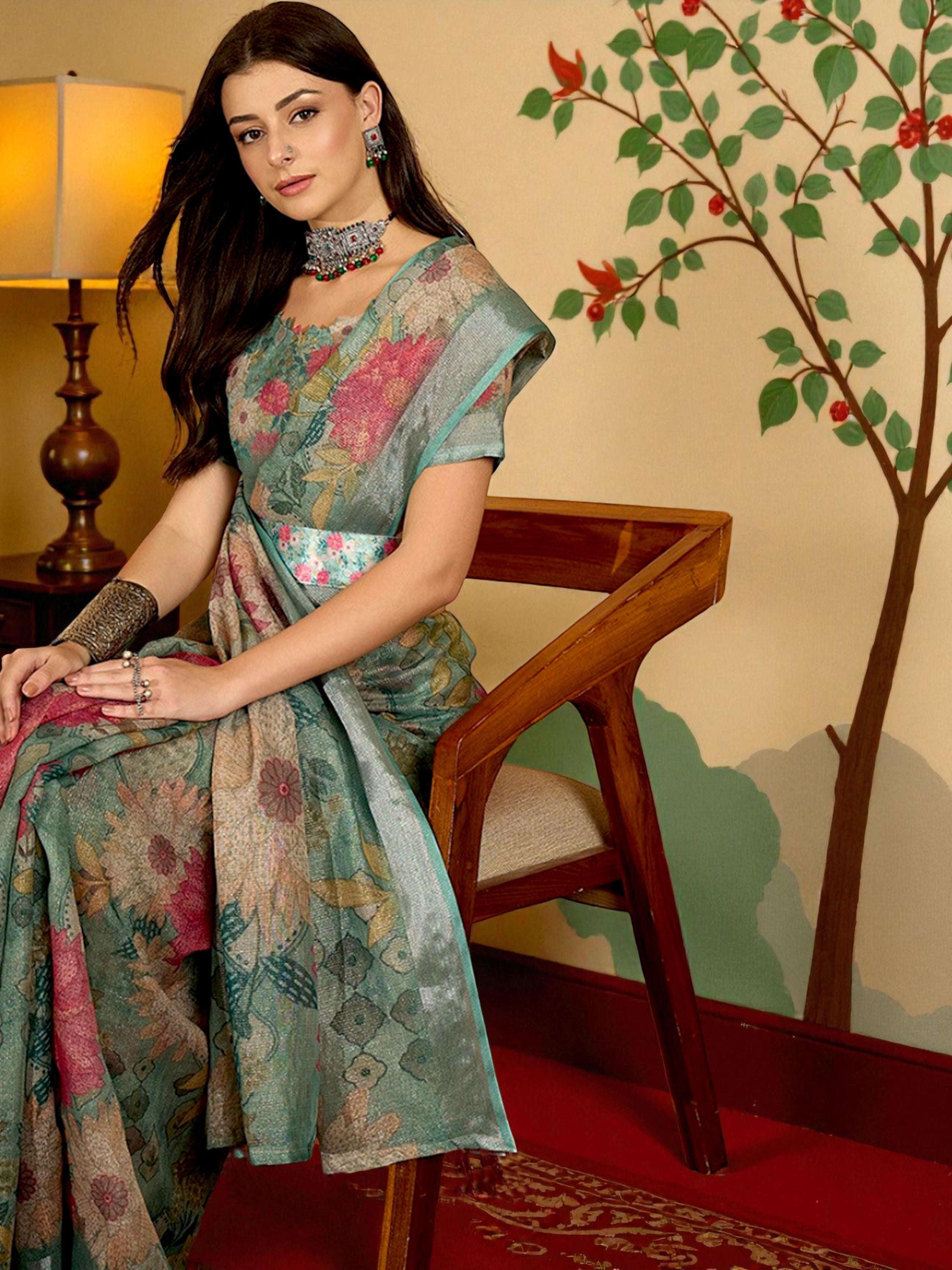 Premium Pure Linen Cotton Saree – Pastel Sage Green & Blush Pink Vintage Floral Digital Print Saree with Blouse Piece