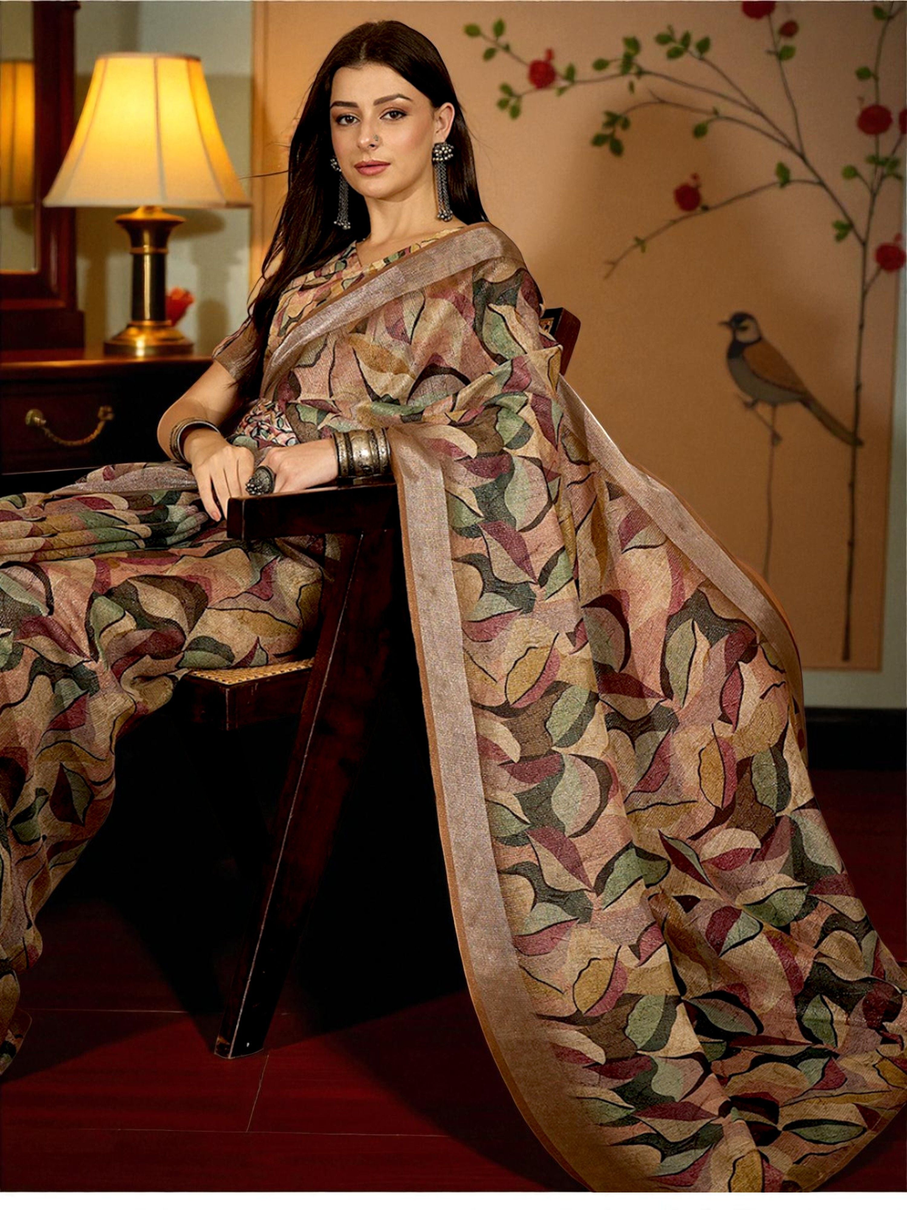 Premium Pure Linen Cotton Saree – Earthy Abstract Foliage Digital Print Casual Festive Saree with Blouse Piece