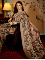 Premium Pure Linen Cotton Saree – Earthy Abstract Foliage Digital Print Casual Festive Saree with Blouse Piece