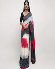 Women's Cotton Linen Blend Saree | Traditional Handloom-Look Geometric Checkered Pattern Saree with Unstitched Blouse Piece | Festive, Casual & Formal Wear (Off-White, Black & Red)