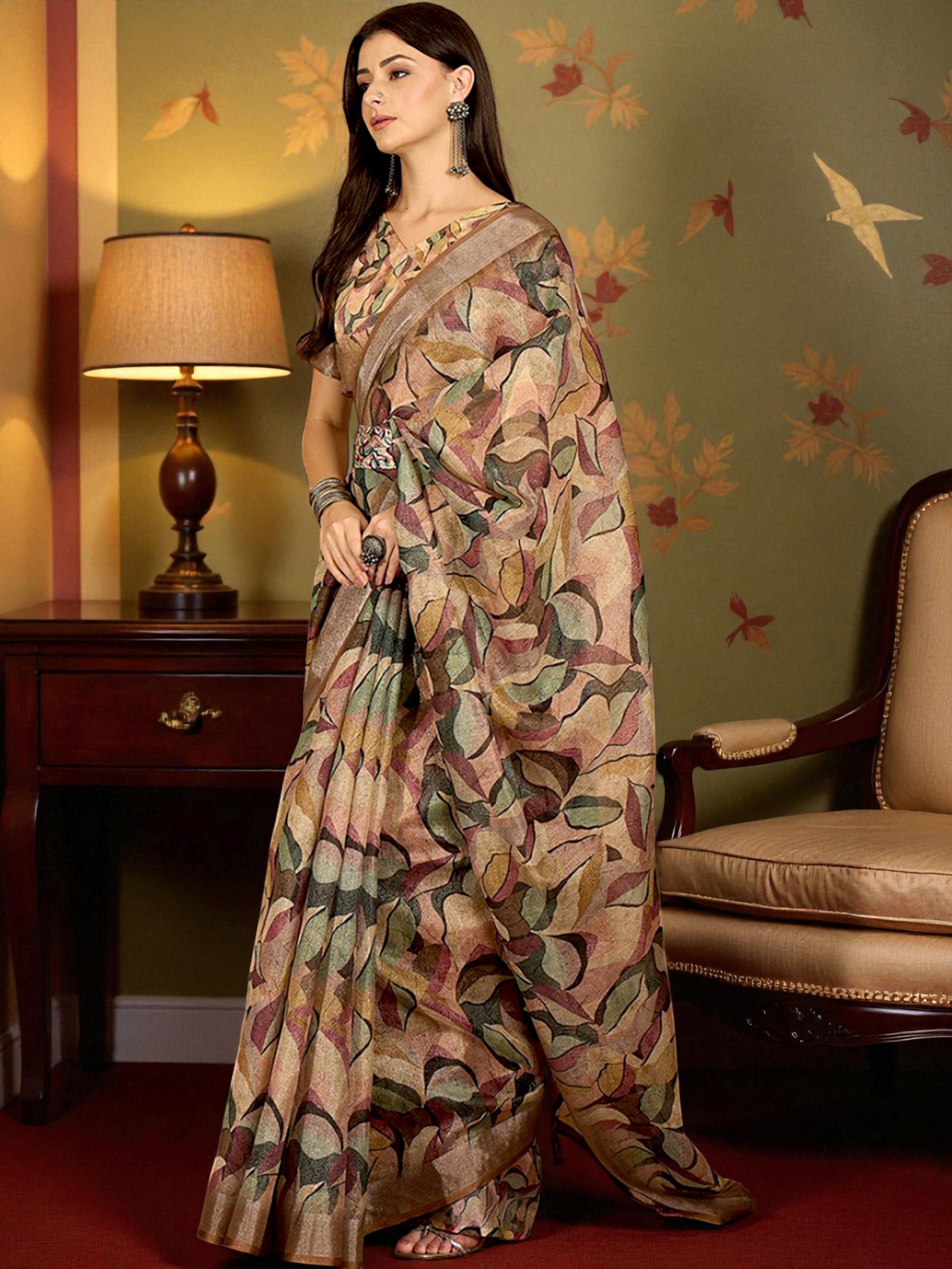 Premium Pure Linen Cotton Saree – Earthy Abstract Foliage Digital Print Casual Festive Saree with Blouse Piece