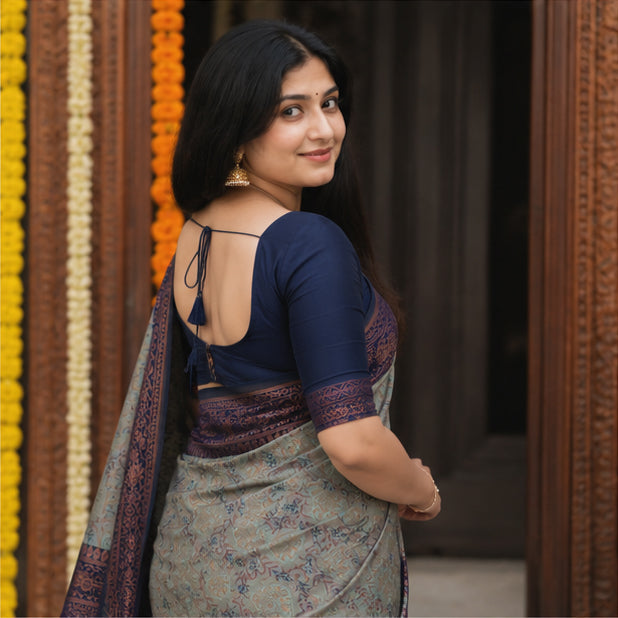 Vintage Sage Green & Navy Blue Jacquard Silk Saree – Antique Copper Zari Border Traditional Saree with Blouse Piece