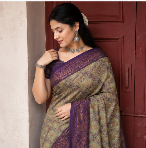 Vintage Olive Sage & Deep Purple Jacquard Silk Saree – Antique Copper Zari Border Traditional Saree with Blouse Piece