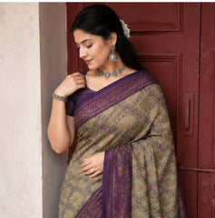 Vintage Olive Sage & Deep Purple Jacquard Silk Saree – Antique Copper Zari Border Traditional Saree with Blouse Piece