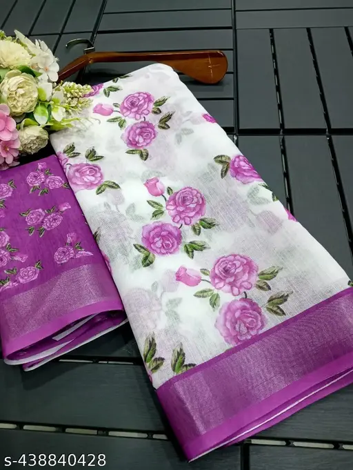 Pure Linen Cotton Rose Motif Saree with Rich Orchid Zari Border – Milky White & Magenta Violet