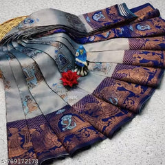 Royal Silver Grey & Navy Blue Jacquard Silk Saree – Traditional Baaraat & Elephant Motif Festive Saree with Blouse Piece