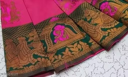 Festive Rani Pink & Bottle Green Jacquard Silk Saree – Traditional Baaraat & Royal Elephant Motif Saree with Blouse Piece