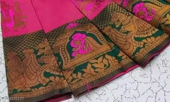 Festive Rani Pink & Bottle Green Jacquard Silk Saree – Traditional Baaraat & Royal Elephant Motif Saree with Blouse Piece