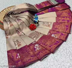 Royal Cream & Magenta Purple Jacquard Silk Saree – Traditional Baaraat & Elephant Motif Festive Saree with Blouse Piece