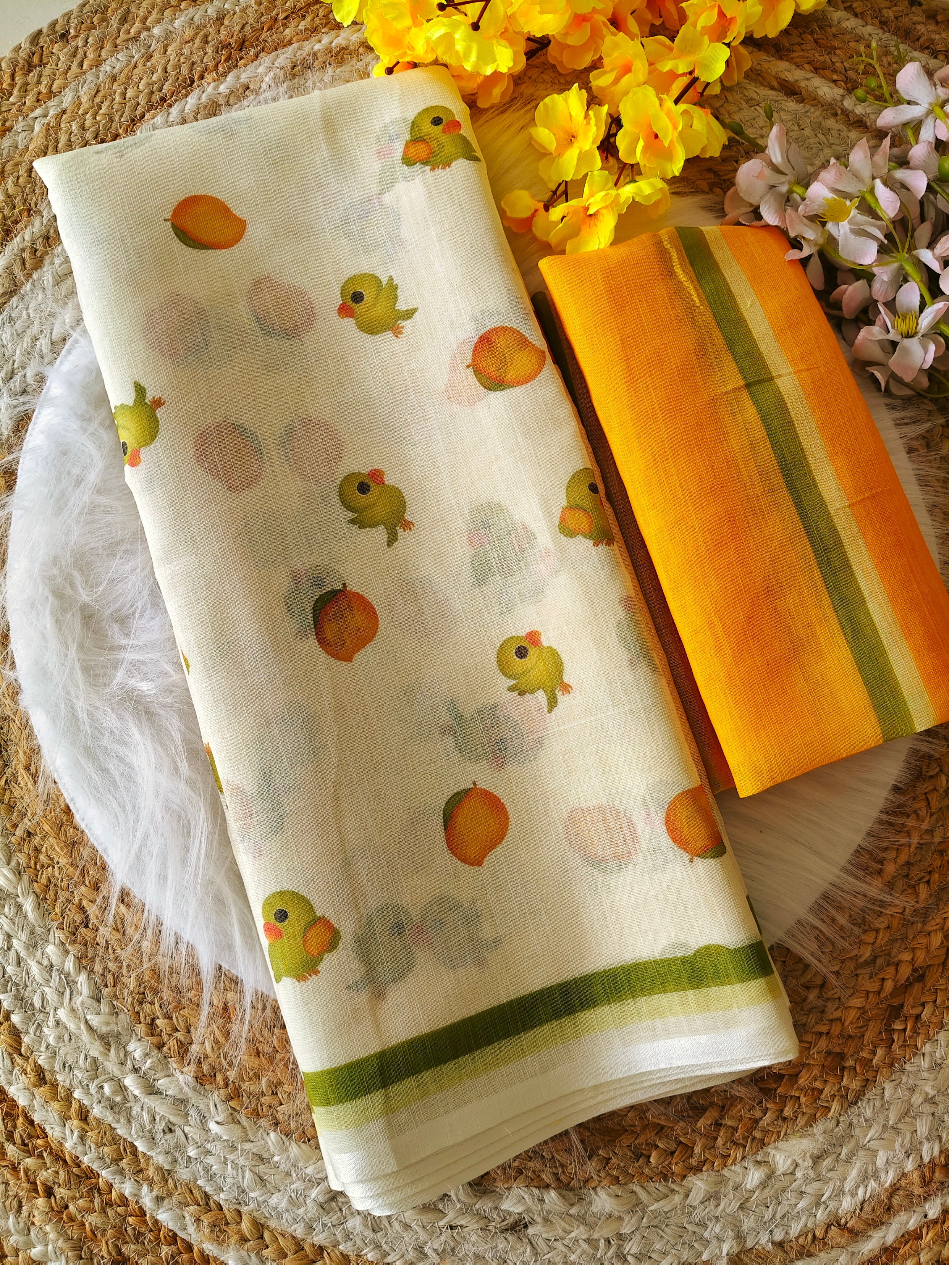 Women's Premium Pure Linen Cotton Saree | Quirky Fruit Printed Casual & Festive Sari with Sleek Border & Unstitched Blouse Piece | Luxury Lightweight Summer & Daily Wear (Off-White & Mango Yellow)