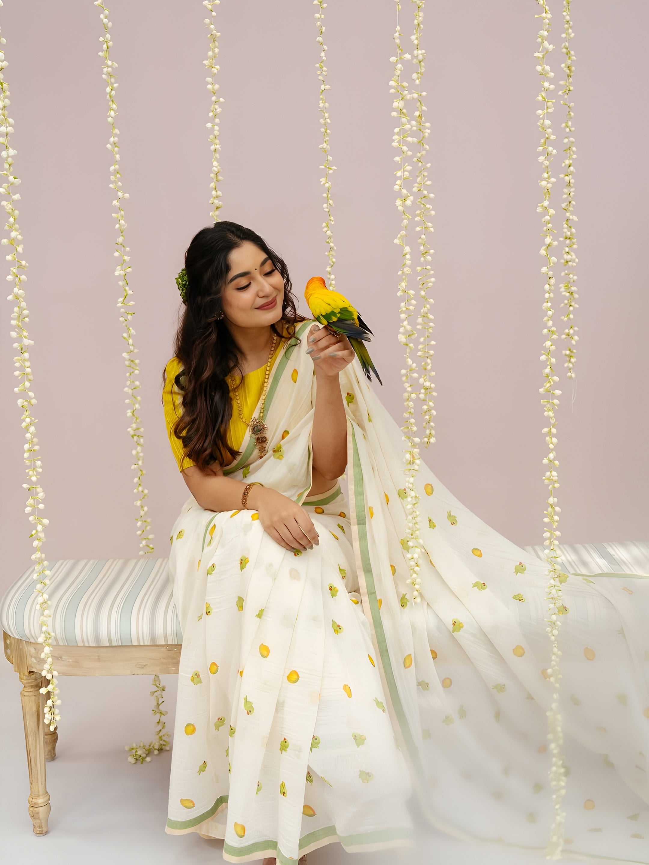 Women's Premium Pure Linen Cotton Saree | Quirky Fruit Printed Casual & Festive Sari with Sleek Border & Unstitched Blouse Piece | Luxury Lightweight Summer & Daily Wear (Off-White & Mango Yellow)