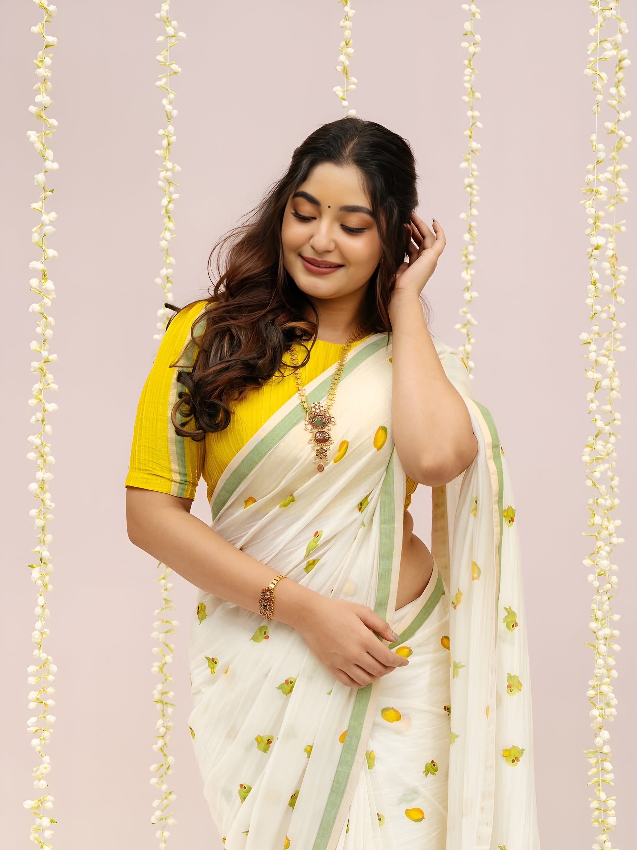 Women's Premium Pure Linen Cotton Saree | Quirky Fruit Printed Casual & Festive Sari with Sleek Border & Unstitched Blouse Piece | Luxury Lightweight Summer & Daily Wear (Off-White & Mango Yellow)