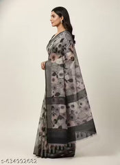 Premium Pure Linen Cotton Saree – Elegant Charcoal Grey & Blush Pink Retro Floral Digital Print Saree with Blouse Piece