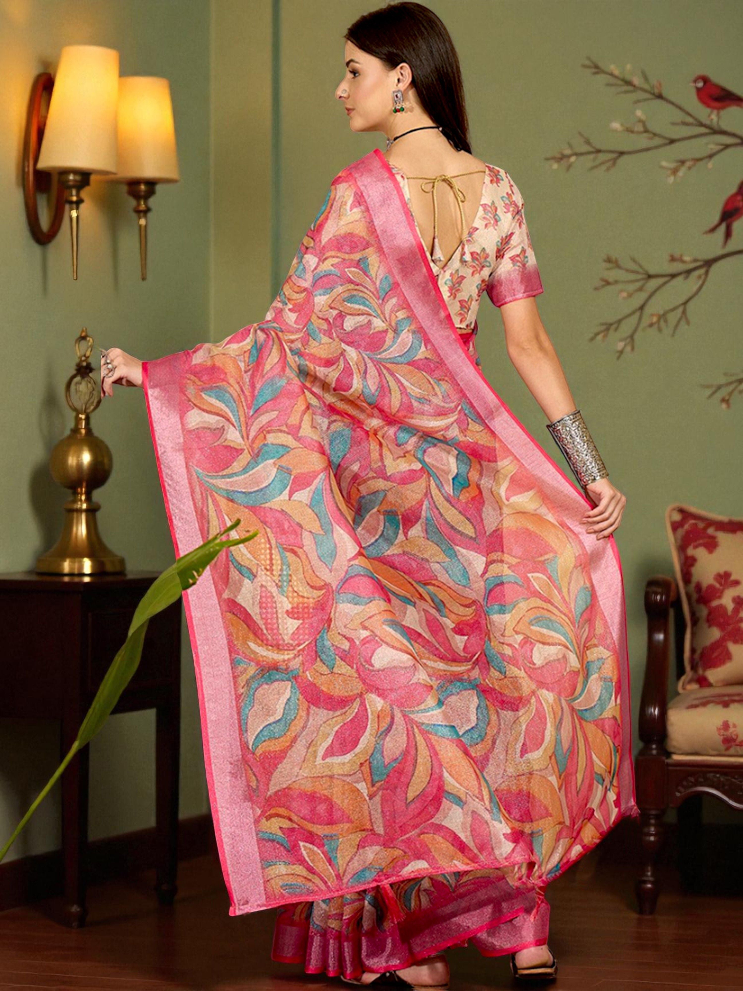 Premium Pure Linen Cotton Saree – Vibrant Candy Pink & Multi-Color Abstract Foliage Digital Print Saree with Blouse Piece