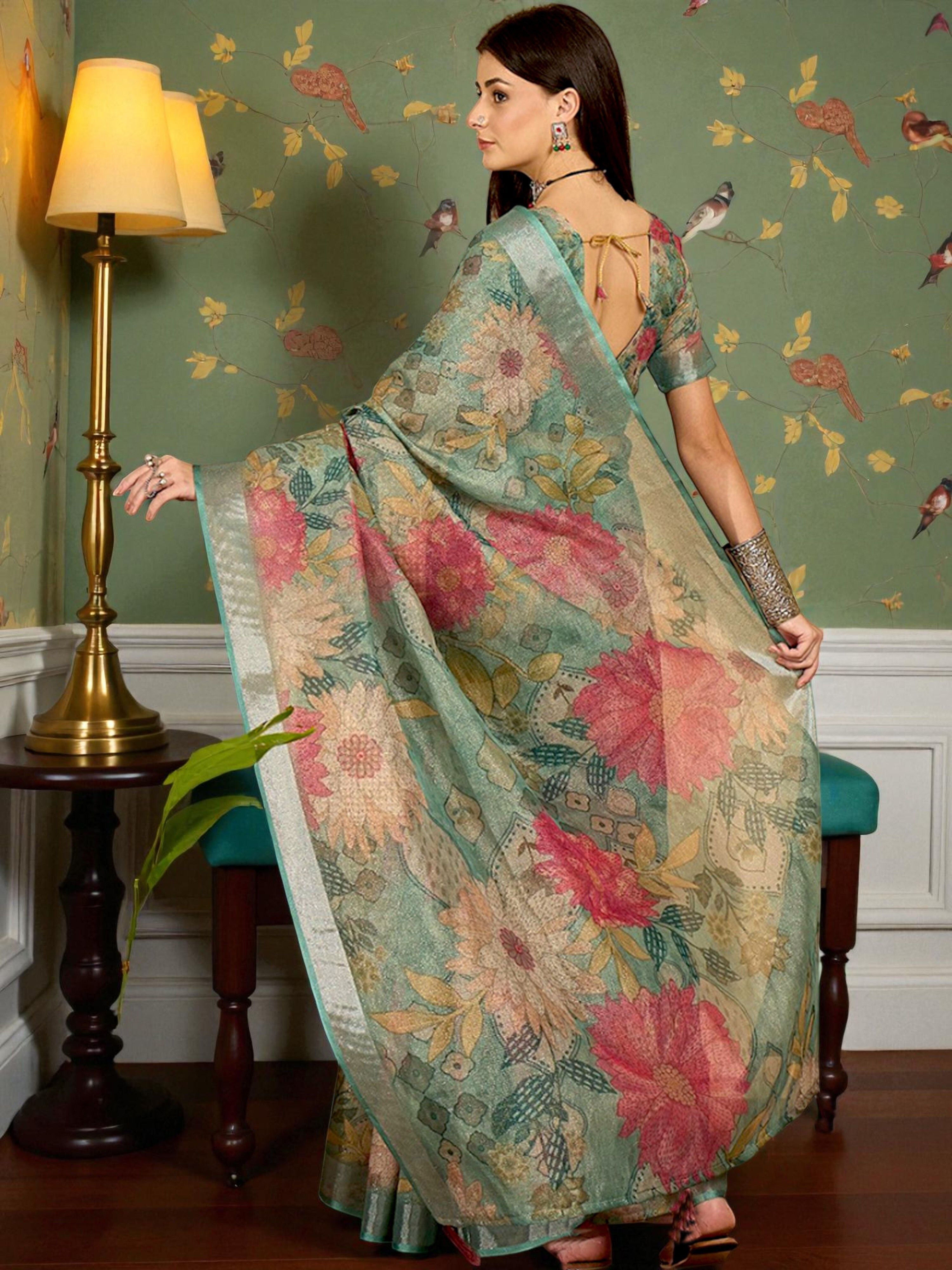 Premium Pure Linen Cotton Saree – Pastel Sage Green & Blush Pink Vintage Floral Digital Print Saree with Blouse Piece