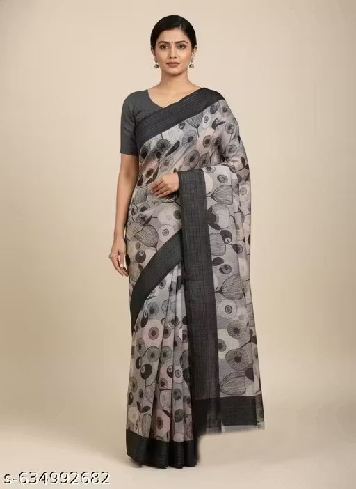 Premium Pure Linen Cotton Saree – Elegant Charcoal Grey & Blush Pink Retro Floral Digital Print Saree with Blouse Piece