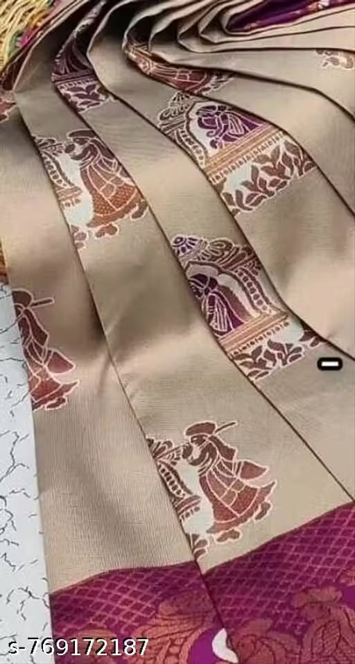 Royal Cream & Magenta Purple Jacquard Silk Saree – Traditional Baaraat & Elephant Motif Festive Saree with Blouse Piece