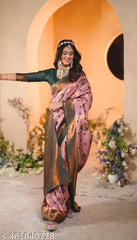 Elegant Blush Pink and Bottle Green Kanjivaram Silk Saree – Traditional Zari Weave with Floral Motif Border