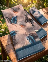 Premium Pure Linen Cotton Saree – Muted Beige-Taupe & Steel Blue Feather Digital Print Saree with Blouse Piece
