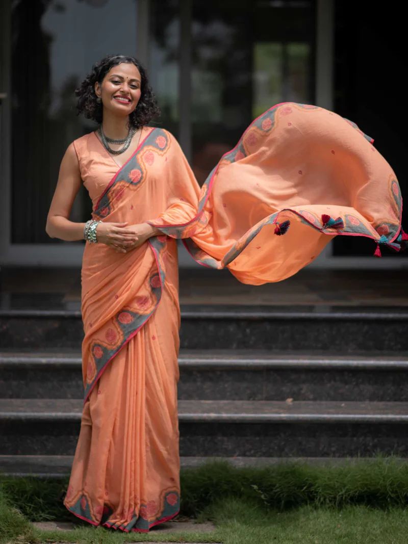 Women's Premium  Linen Cotton Blend Saree | Elegant Peach-Orange Traditional Block Border Printed Casual Sari with Unstitched Blouse Piece | Lightweight Daily Wear (Peach, Grey & Red)