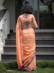 Women's Premium  Linen Cotton Blend Saree | Elegant Peach-Orange Traditional Block Border Printed Casual Sari with Unstitched Blouse Piece | Lightweight Daily Wear (Peach, Grey & Red)