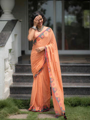 Women's Premium  Linen Cotton Blend Saree | Elegant Peach-Orange Traditional Block Border Printed Casual Sari with Unstitched Blouse Piece | Lightweight Daily Wear (Peach, Grey & Red)