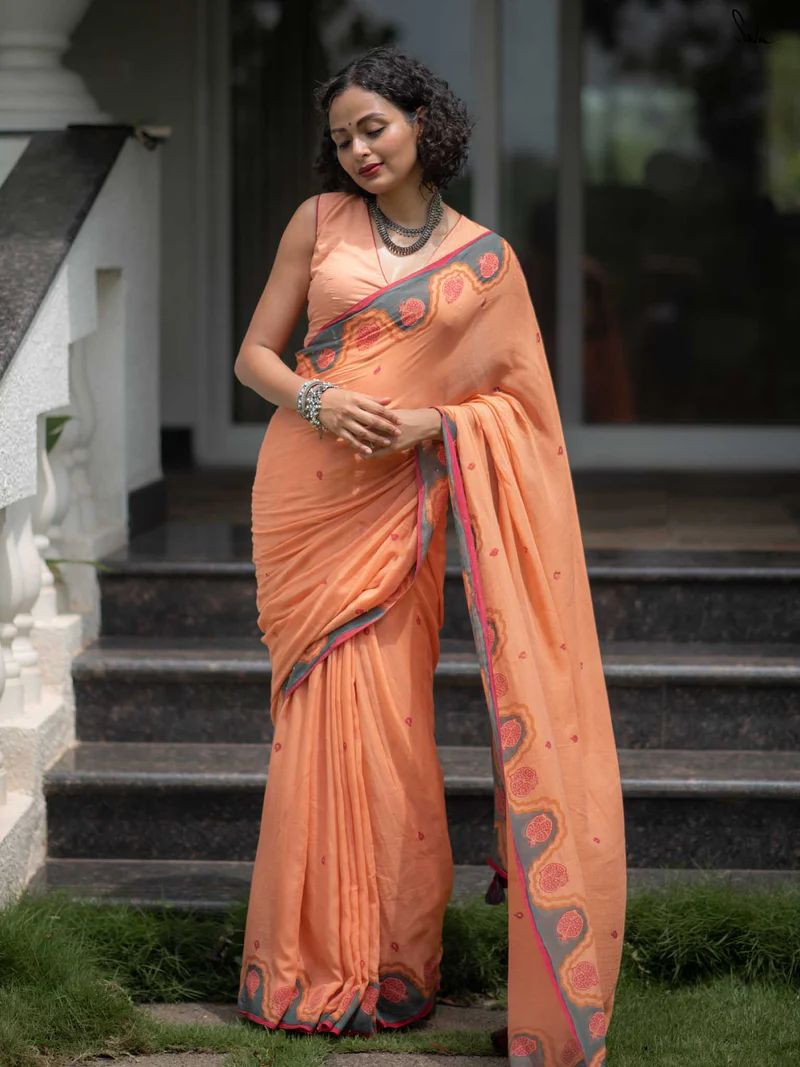 Women's Premium  Linen Cotton Blend Saree | Elegant Peach-Orange Traditional Block Border Printed Casual Sari with Unstitched Blouse Piece | Lightweight Daily Wear (Peach, Grey & Red)