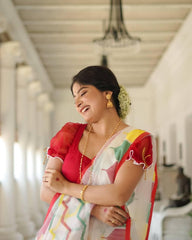 Women's Pure Linen Cotton Saree | Traditional Handloom Look Geometric Block Printed Casual & Festive Sari with Unstitched Blouse Piece | Lightweight Summer & Elegant Daily Wear (Off-White & Festive Multi-Color)