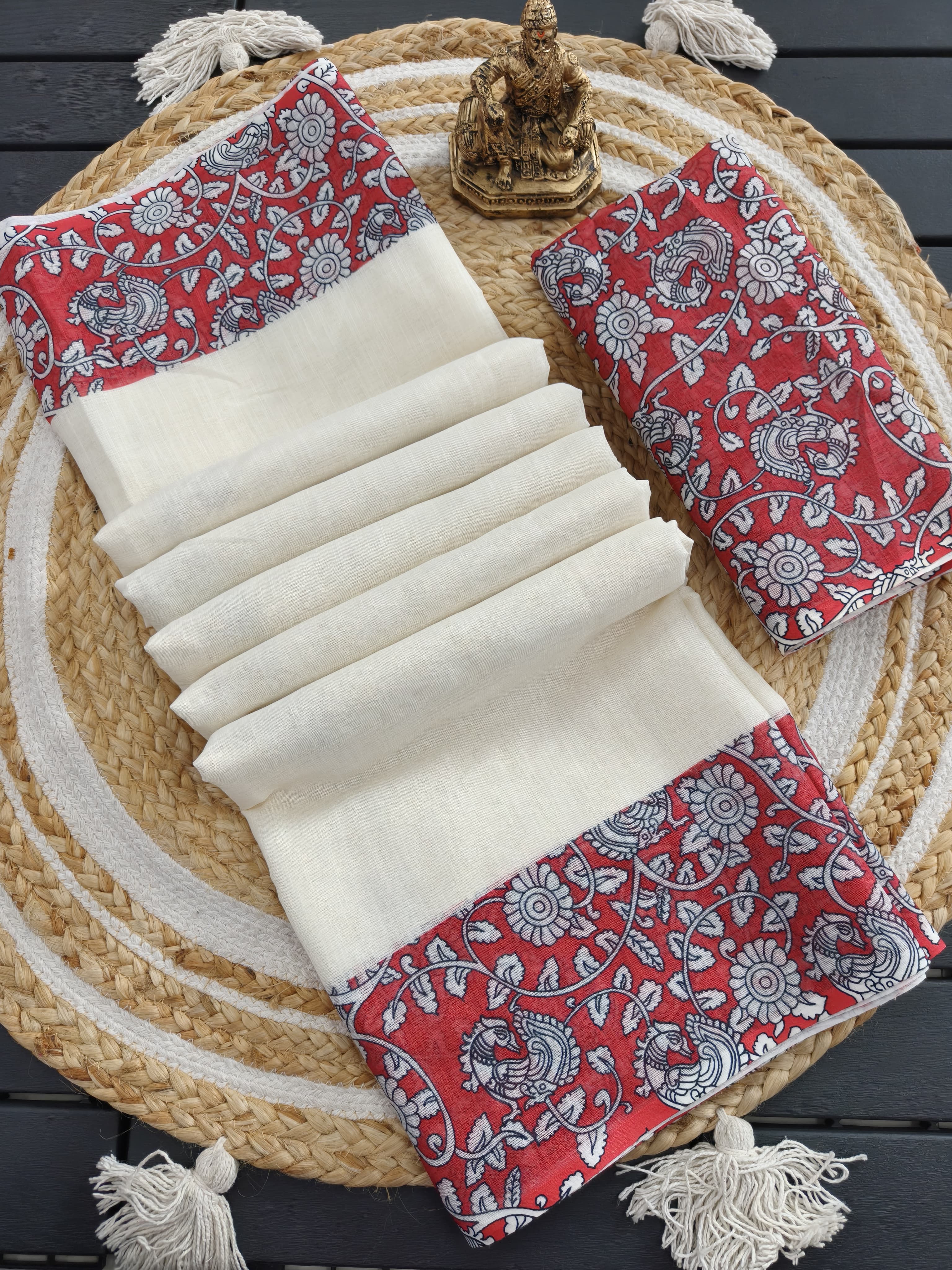 Women's Premium Pure Linen Cotton Saree | Traditional Handloom Look Kalamkari Floral Print Border Casual & Festive Sari with Running Blouse Piece | Lightweight Summer & Elegant Daily Wear (Off-White & Maroon)