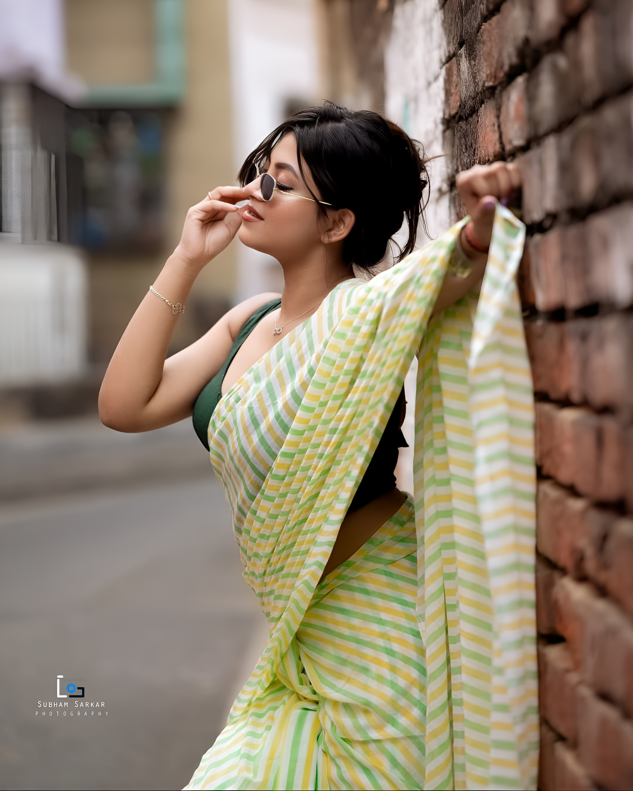 Women's Linen Cotton Blend Saree | Trendy Casual Candy Striped Leheriya Pattern Sari with Unstitched Blouse Piece | Lightweight Daily & Summer Wear (White, Yellow & Lime Green)
