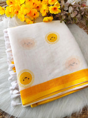 Women's Premium Linen Cotton Blend Saree | Traditional Handloom Look Printed Casual & Festive Sari with Unstitched Blouse Piece | Lightweight Summer & Daily Wear (Off-White & Bright Yellow)