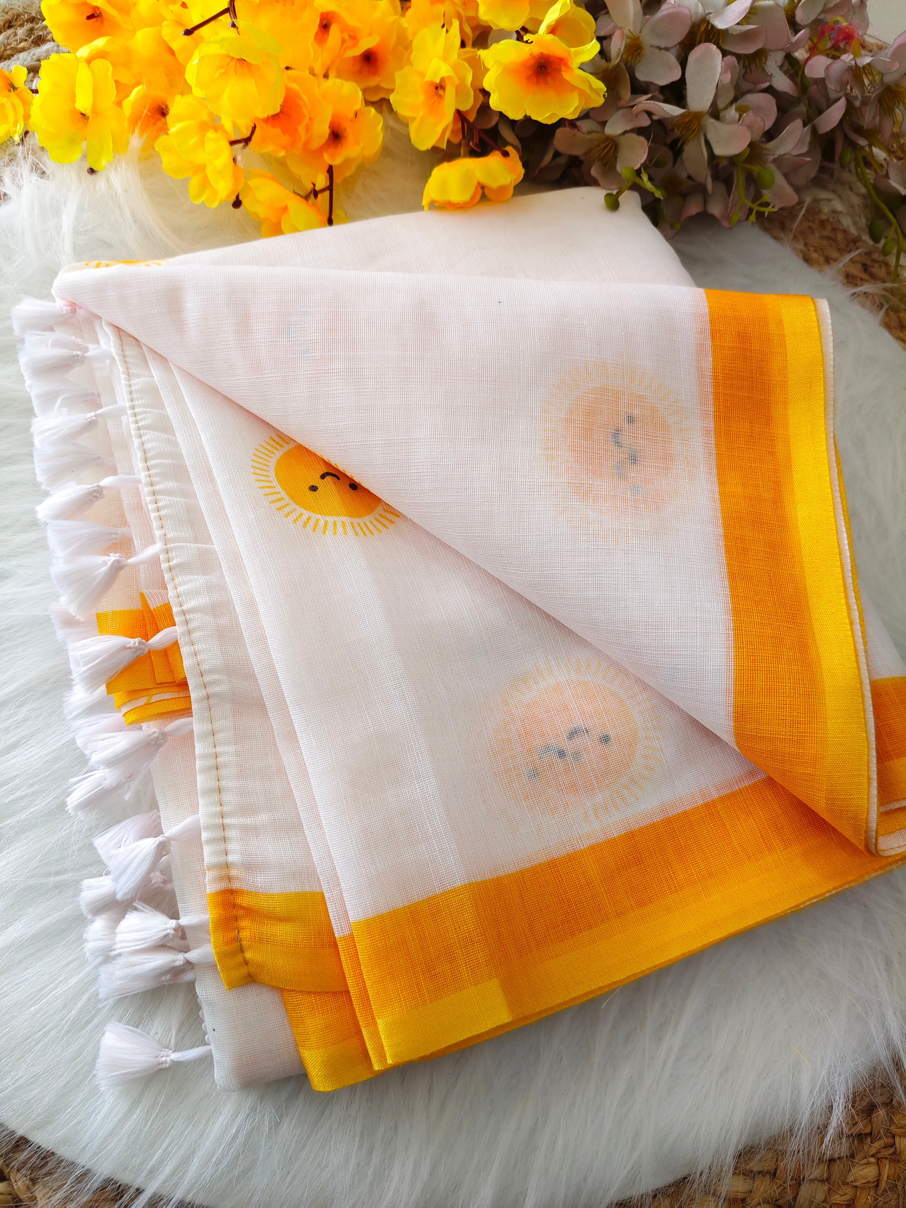 Women's Premium Linen Cotton Blend Saree | Traditional Handloom Look Printed Casual & Festive Sari with Unstitched Blouse Piece | Lightweight Summer & Daily Wear (Off-White & Bright Yellow)