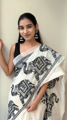 Women's Premium Pure Linen Cotton Saree | Traditional Madhubani Elephant Block Printed Casual Sari with Geometric Temple Border & Unstitched Blouse Piece | Luxury Lightweight Summer & Office Wear (Off-White & Charcoal Black)