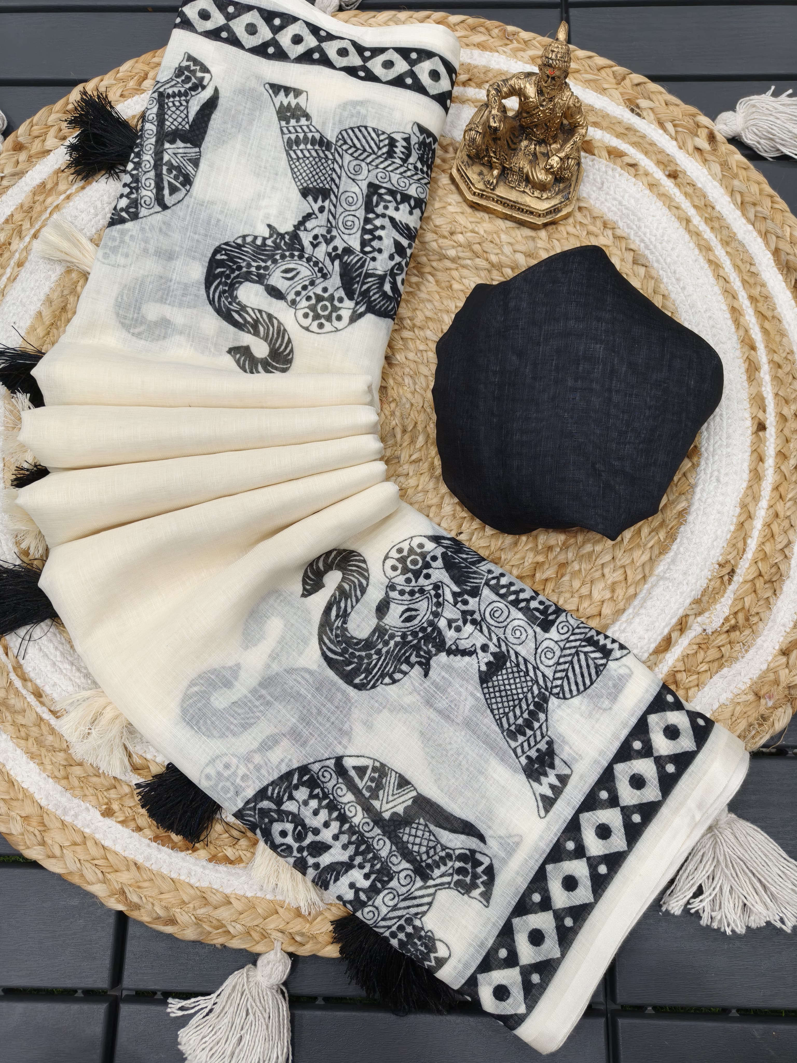Women's Premium Pure Linen Cotton Saree | Traditional Madhubani Elephant Block Printed Casual Sari with Geometric Temple Border & Unstitched Blouse Piece | Luxury Lightweight Summer & Office Wear (Off-White & Charcoal Black)