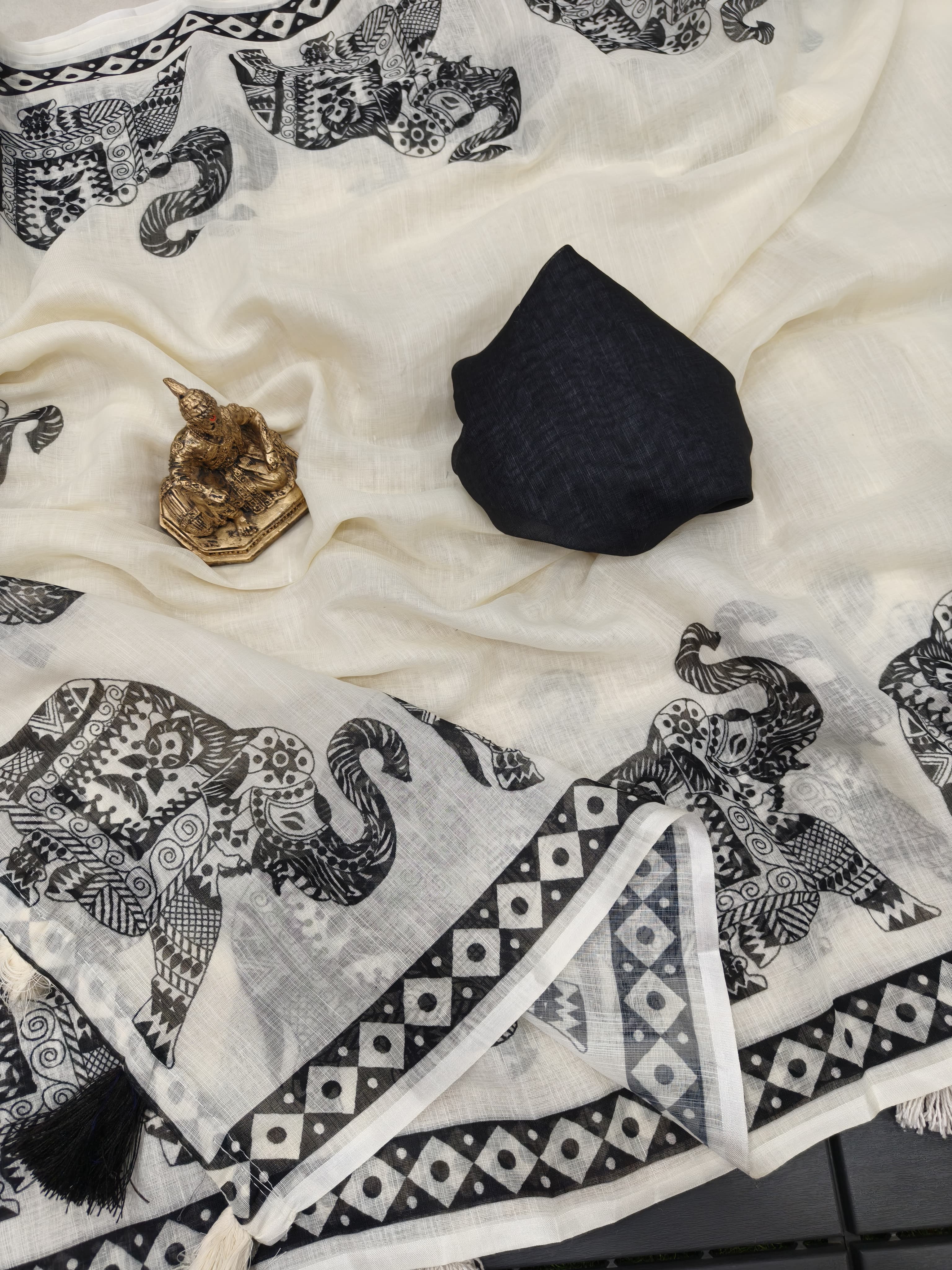 Women's Premium Pure Linen Cotton Saree | Traditional Madhubani Elephant Block Printed Casual Sari with Geometric Temple Border & Unstitched Blouse Piece | Luxury Lightweight Summer & Office Wear (Off-White & Charcoal Black)