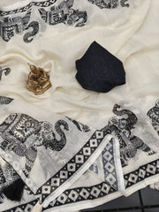 Women's Premium Pure Linen Cotton Saree | Traditional Madhubani Elephant Block Printed Casual Sari with Geometric Temple Border & Unstitched Blouse Piece | Luxury Lightweight Summer & Office Wear (Off-White & Charcoal Black)